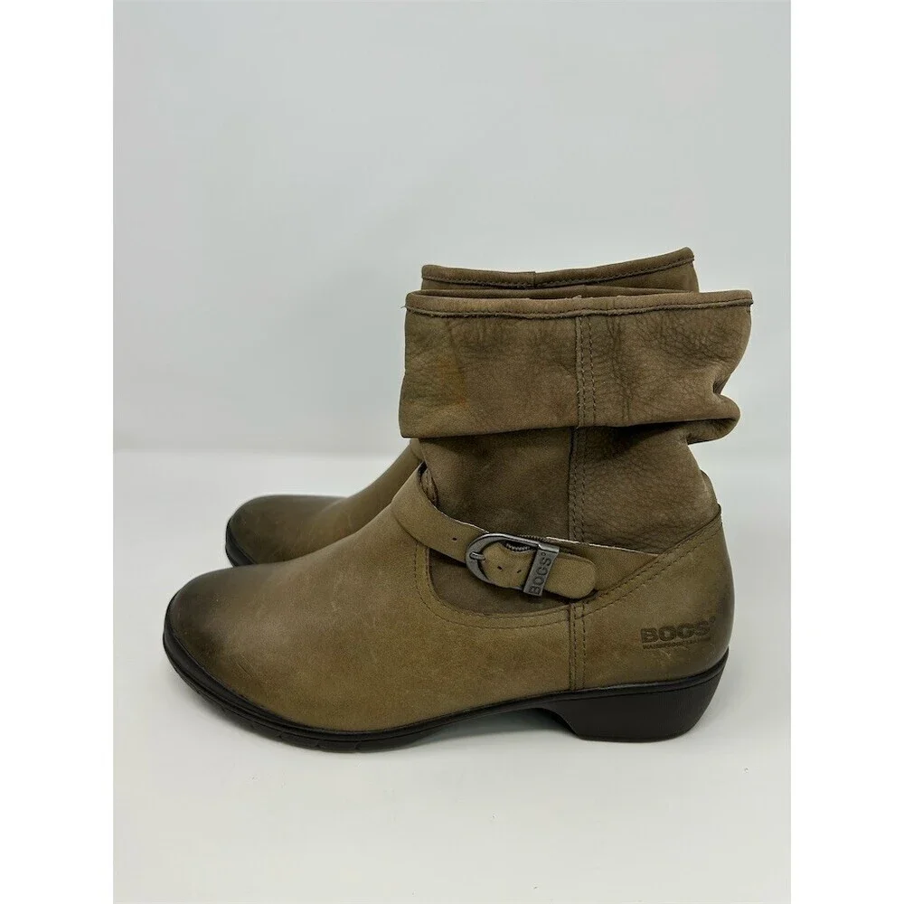 BOGS Cassie Low Slouch Mid-Calf Riding Boots Taupe/Olive Buckle Strap Wedge 9.5